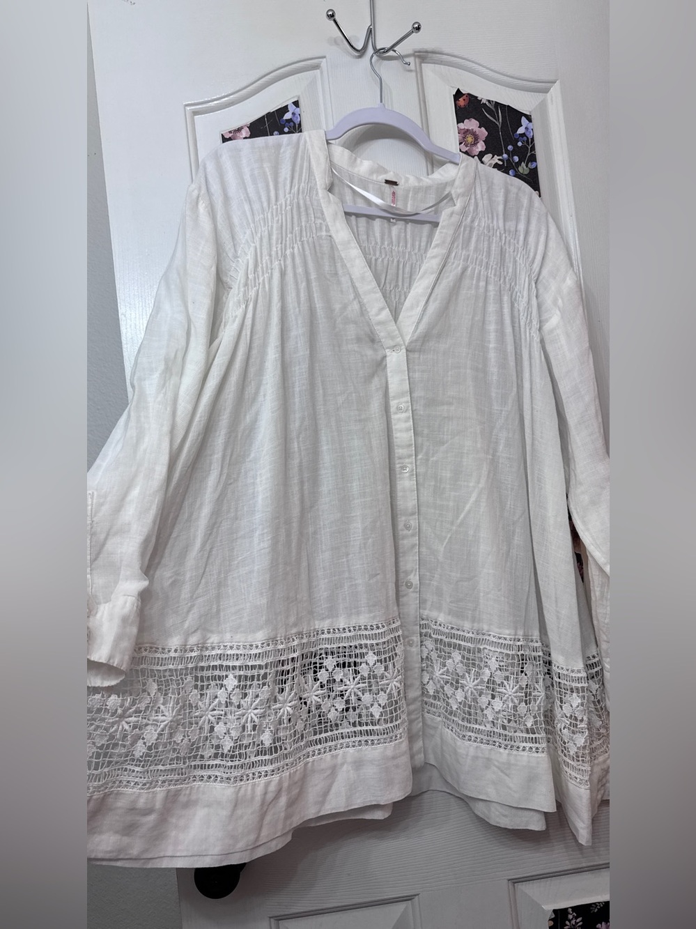 Free People White Lace-Trim Button Front Tunic